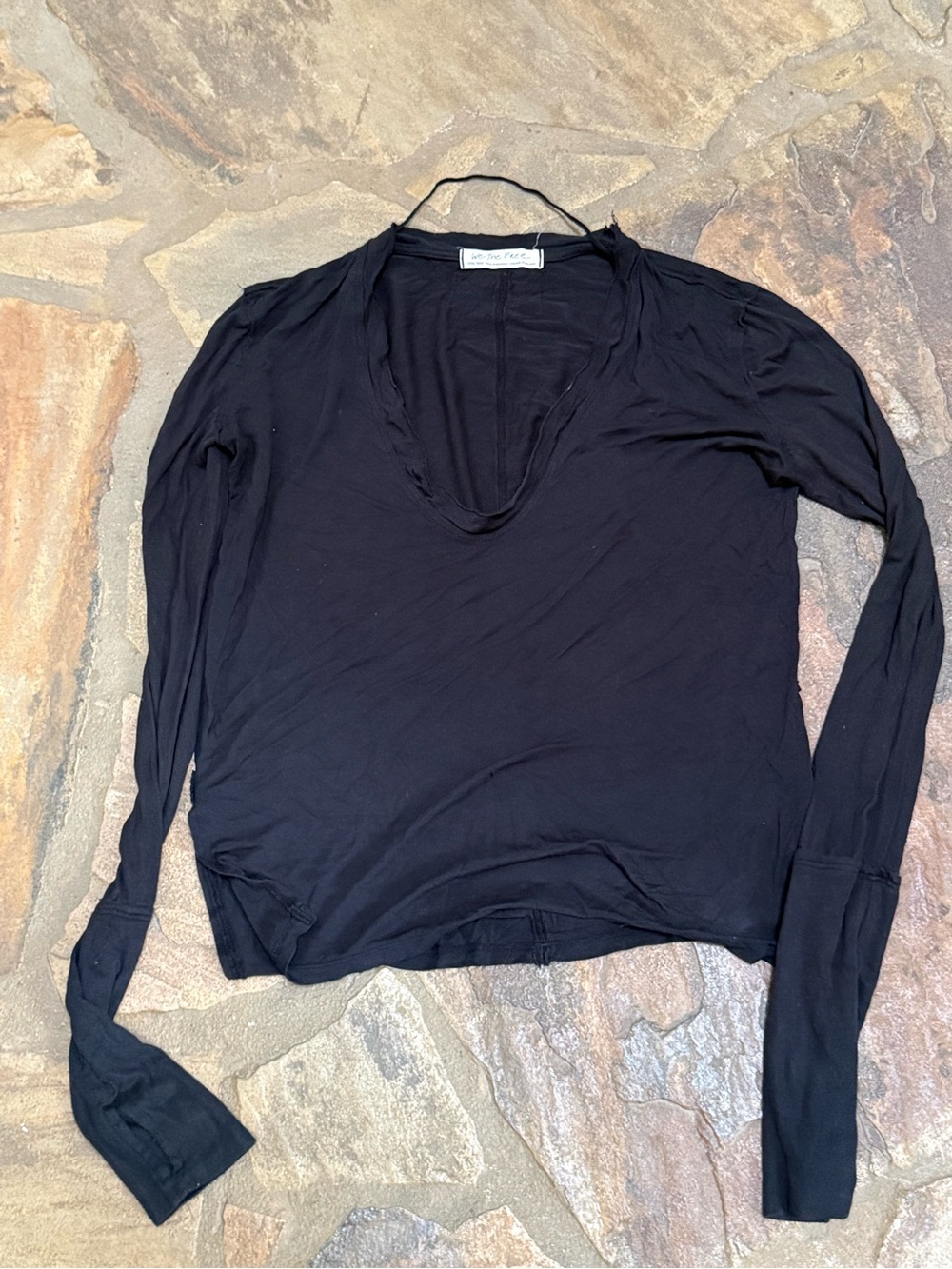 Free People We The Free Black Raw Edge Long Sleeve Top XS
